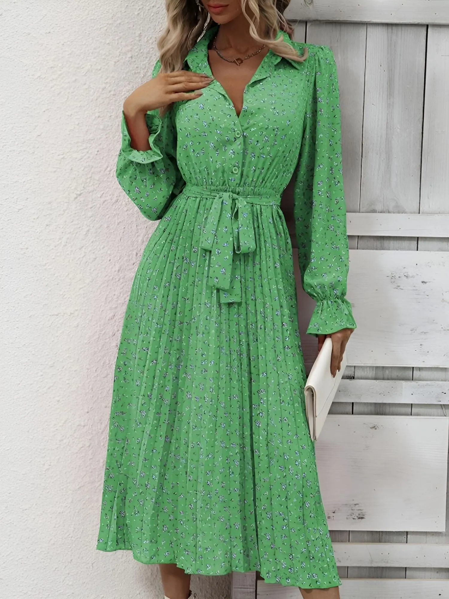 Floral Long Sleeves Pleated Midi A-Line Dress sold by Allegra K product image thumbnail 4