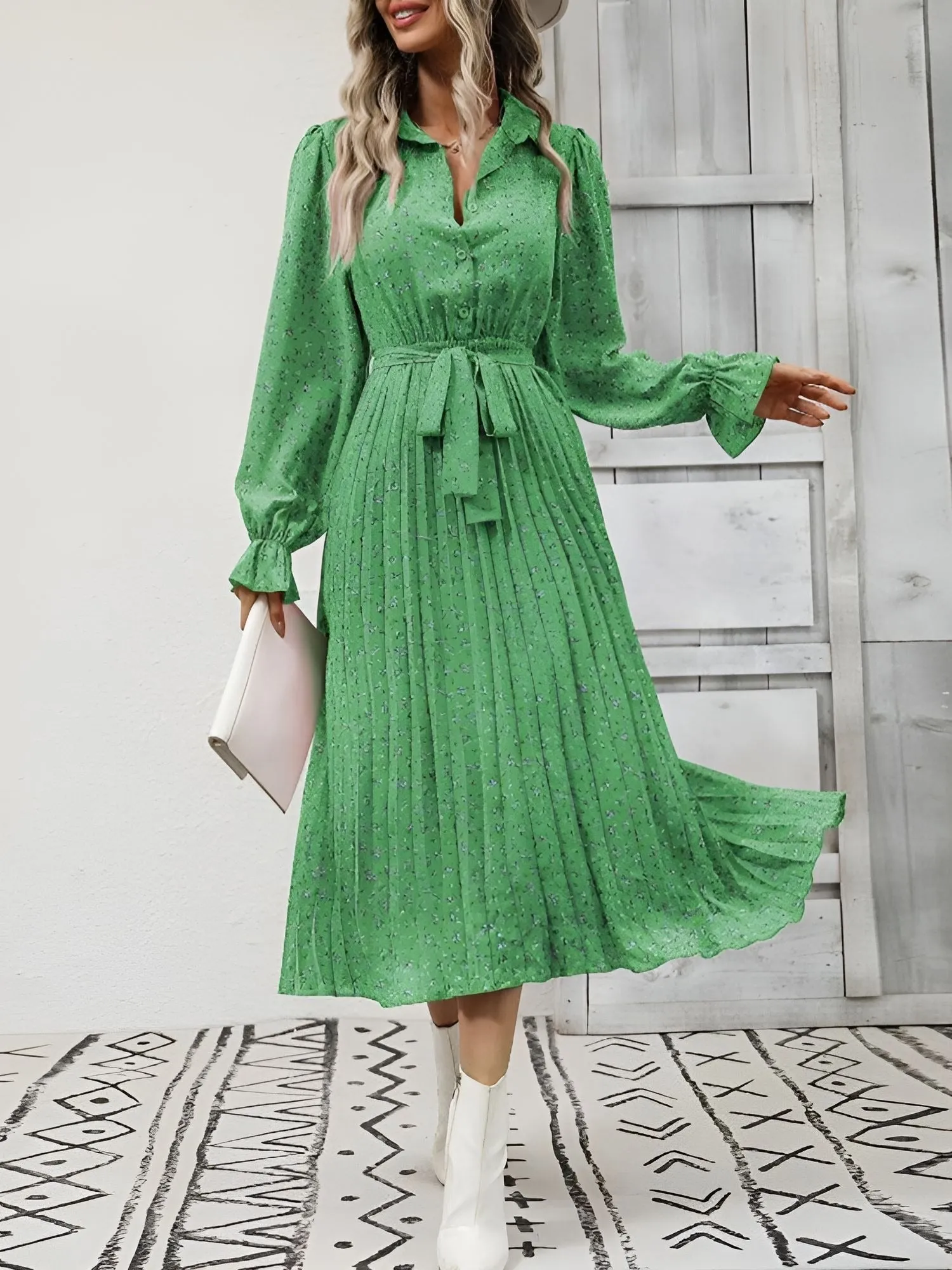Floral Long Sleeves Pleated Midi A-Line Dress sold by Allegra K