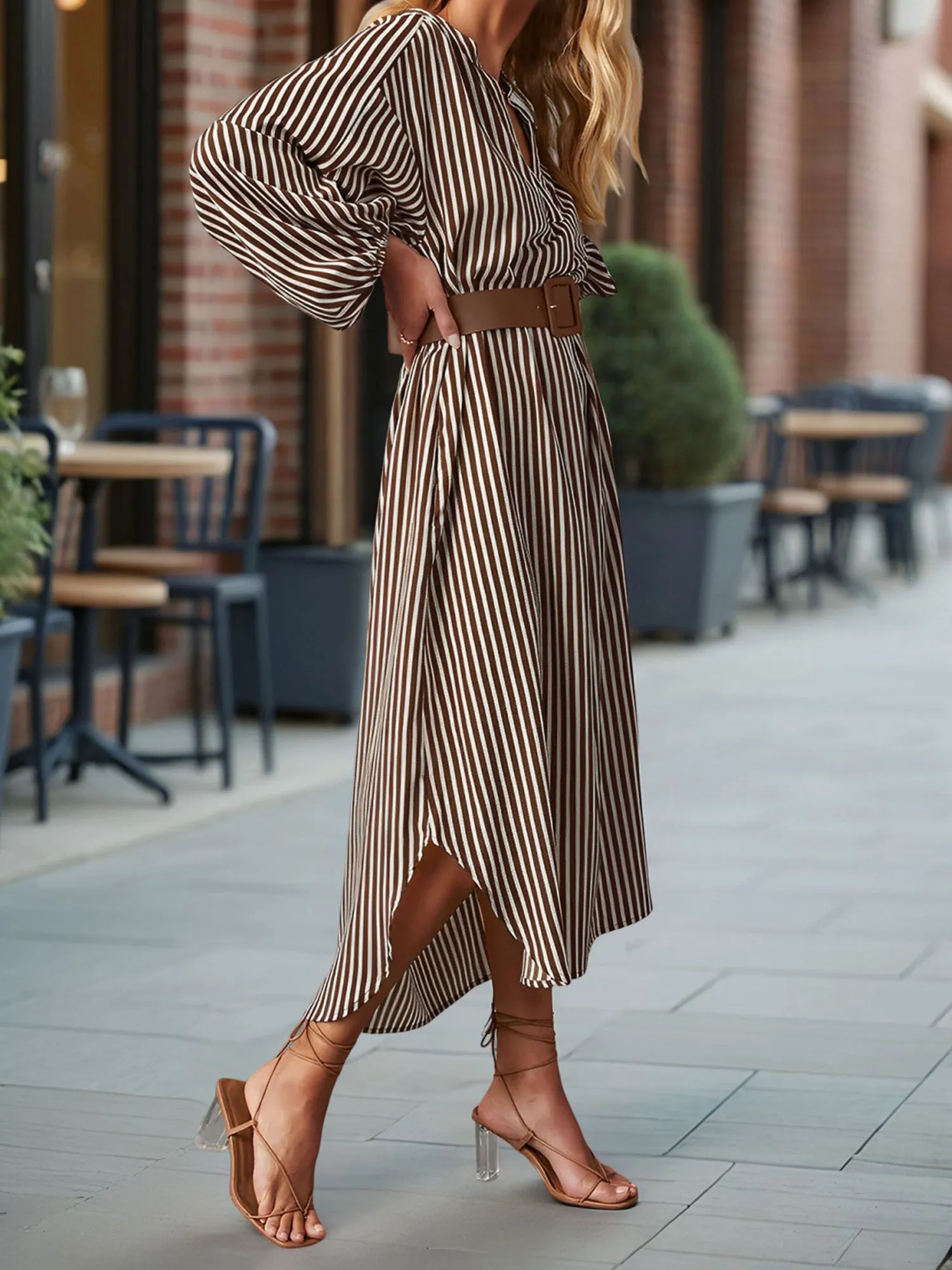 Striped Notch Neck Long Sleeves Belted Pockets Dress sold by Allegra K product image thumbnail 4
