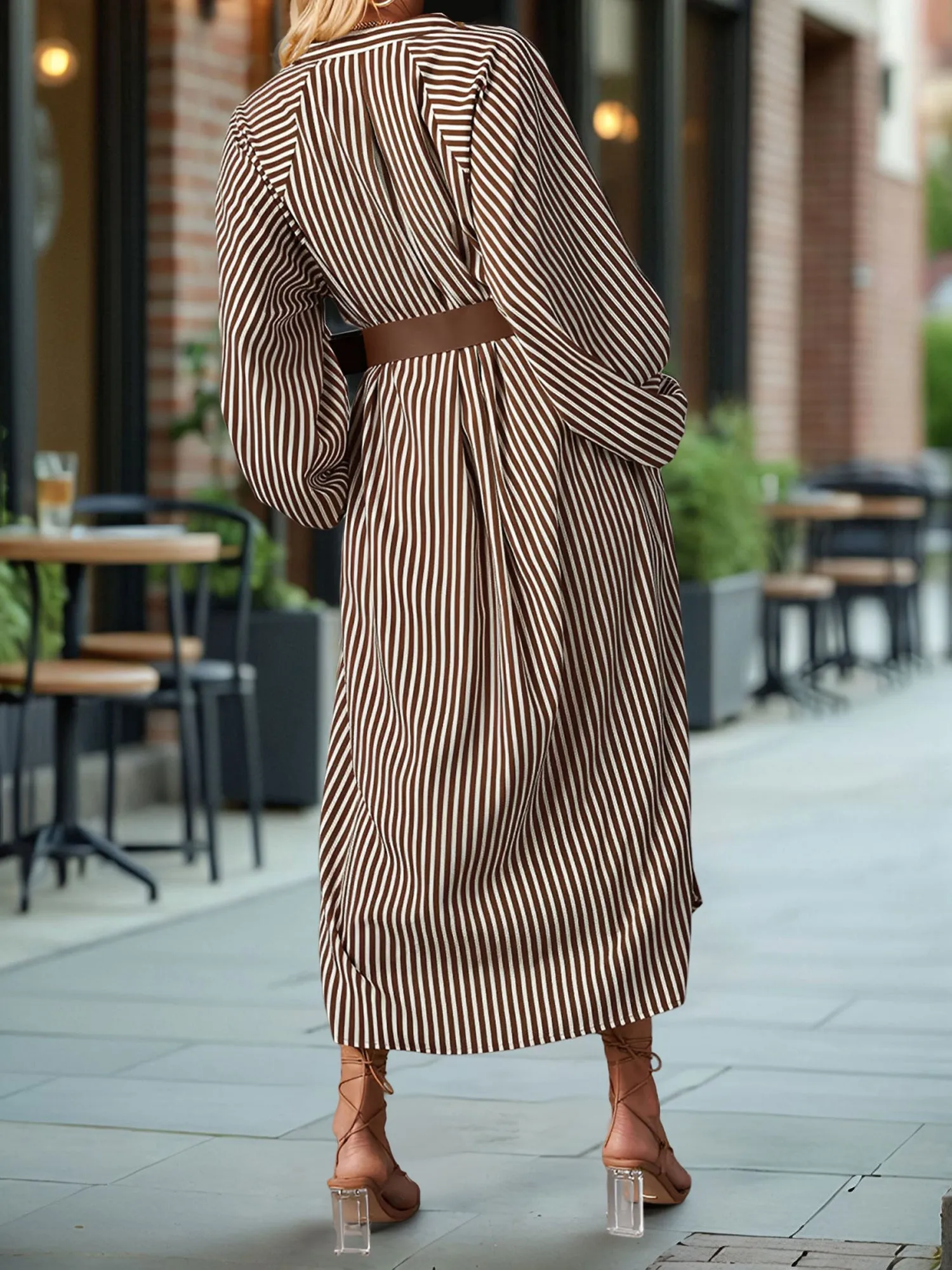Striped Notch Neck Long Sleeves Belted Pockets Dress sold by Allegra K product image thumbnail 2