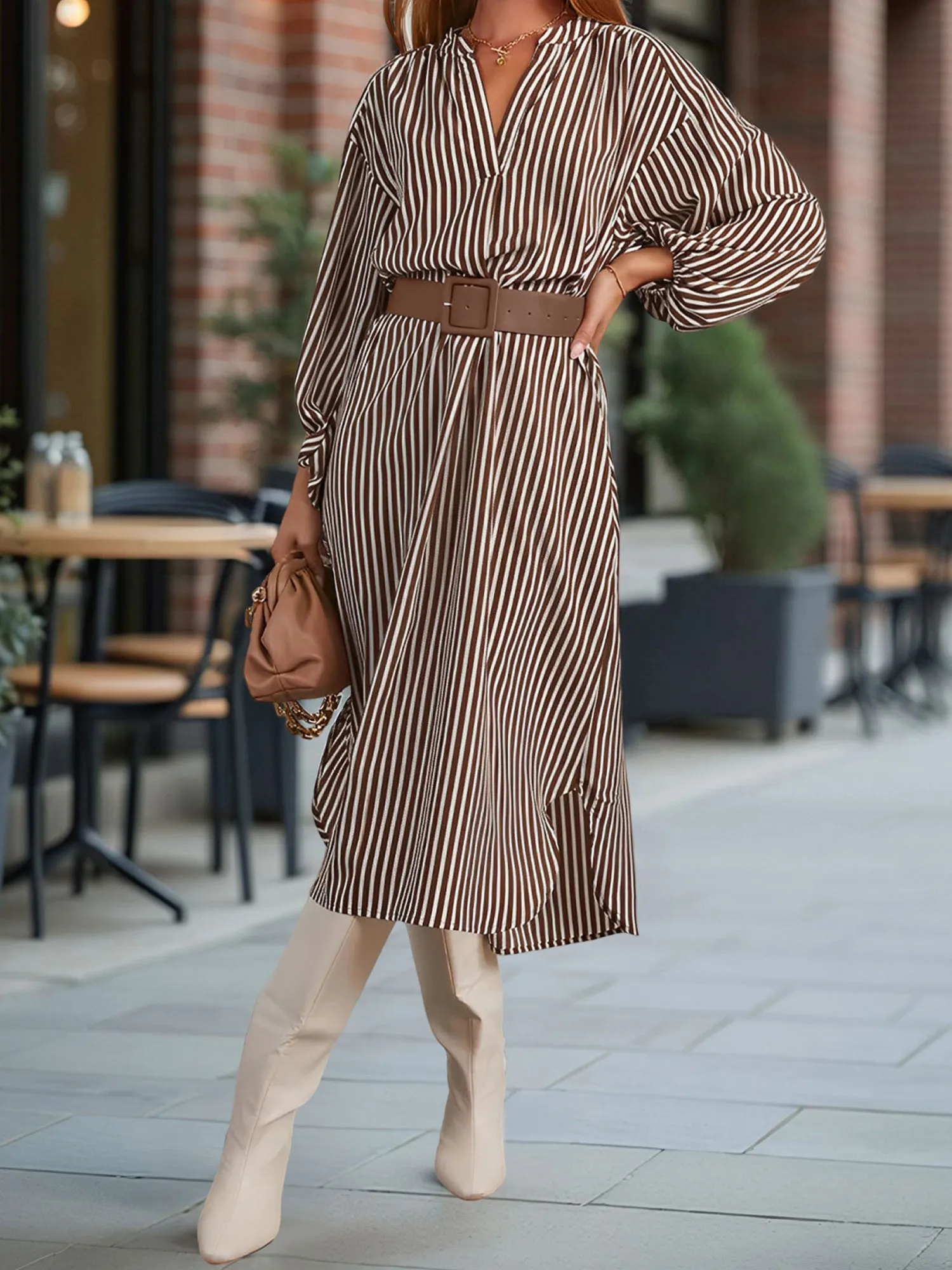 Striped Notch Neck Long Sleeves Belted Pockets Dress sold by Allegra K