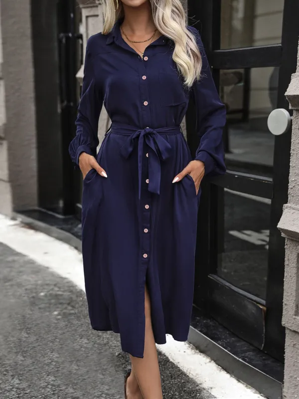 Collared Long Sleeves Pockets Midi Shirt Dress sold by Allegra K