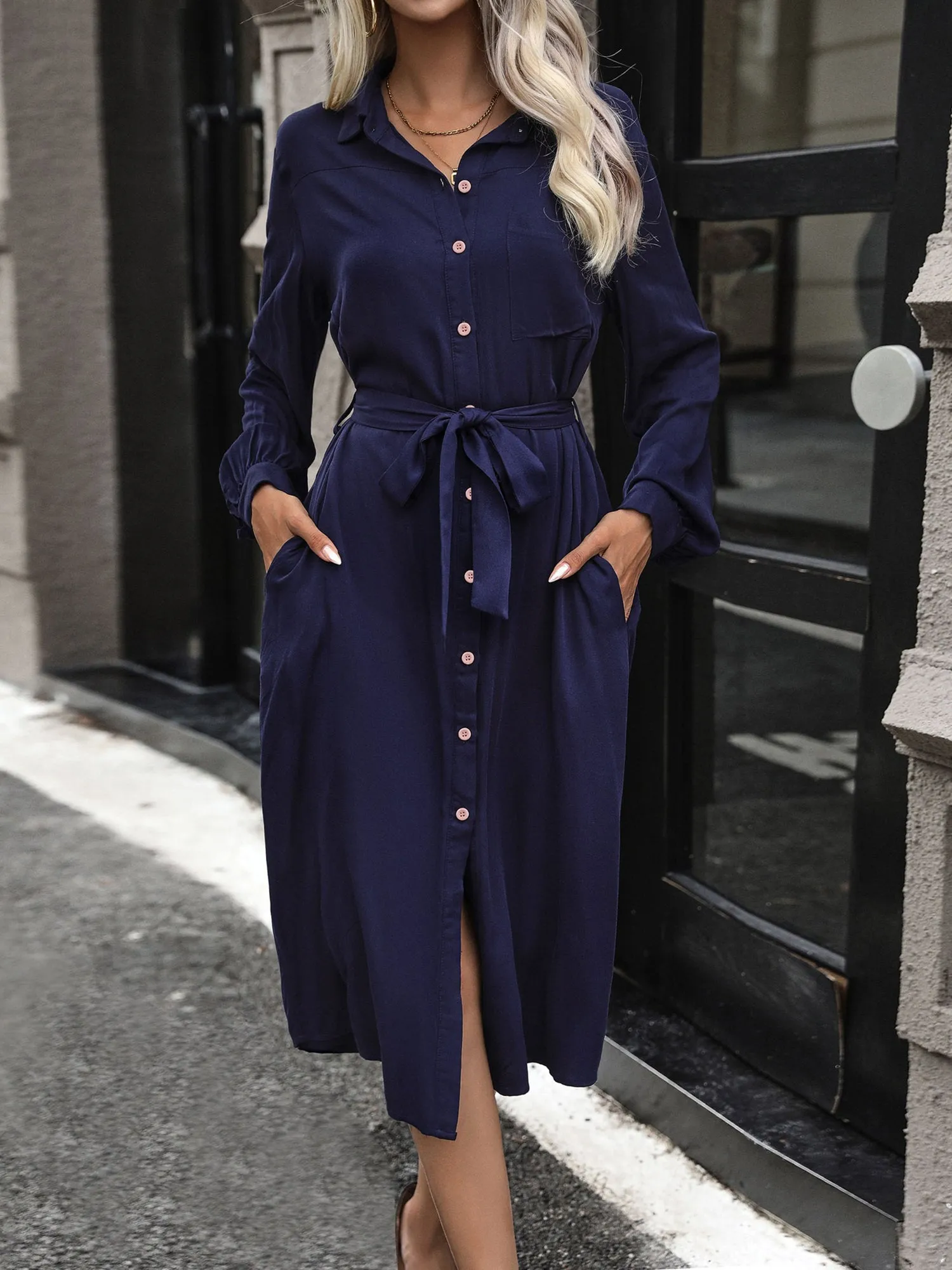 Collared Long Sleeves Pockets Midi Shirt Dress sold by Allegra K