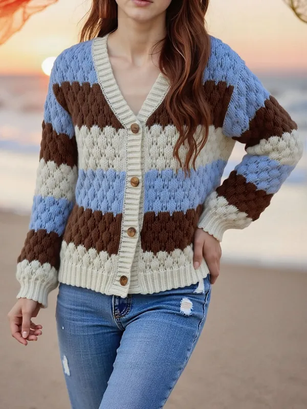 Colorblock Striped Long Sleeves Knitted Casual Cardigans sold by Allegra K