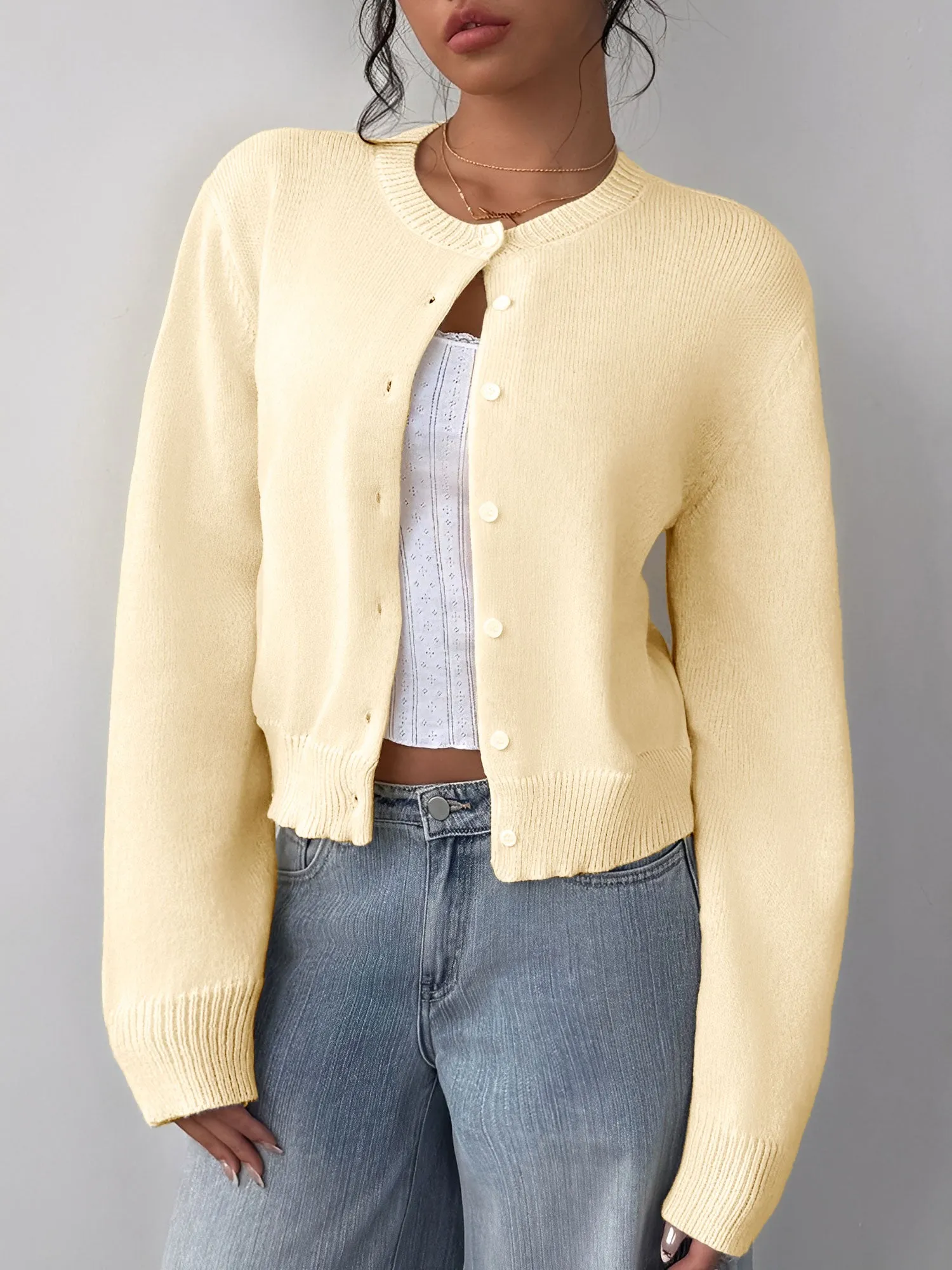 Round Neck Solid Color Long Sleeves Knitted Cardigans sold by Allegra K product image thumbnail 3