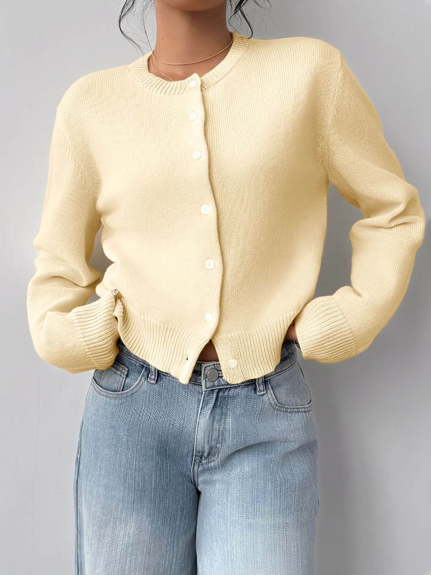 Round Neck Solid Color Long Sleeves Knitted Cardigans sold by Allegra K