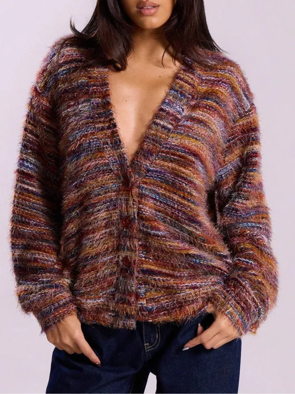 Multicolor Fluffy Long Sleevs Button Down Cardigans sold by Allegra K