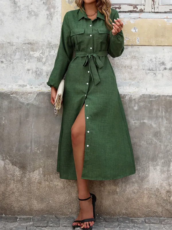 Collared Button Down Long Sleeves Midi Shirt Dress sold by Allegra K