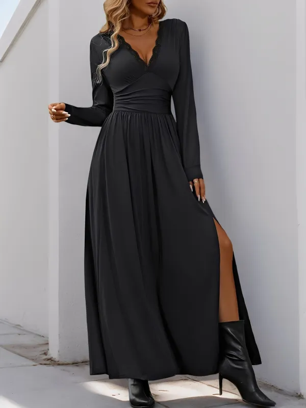 V Neck Lace Trim Long Sleeves Slit Maxi Dress sold by Allegra K