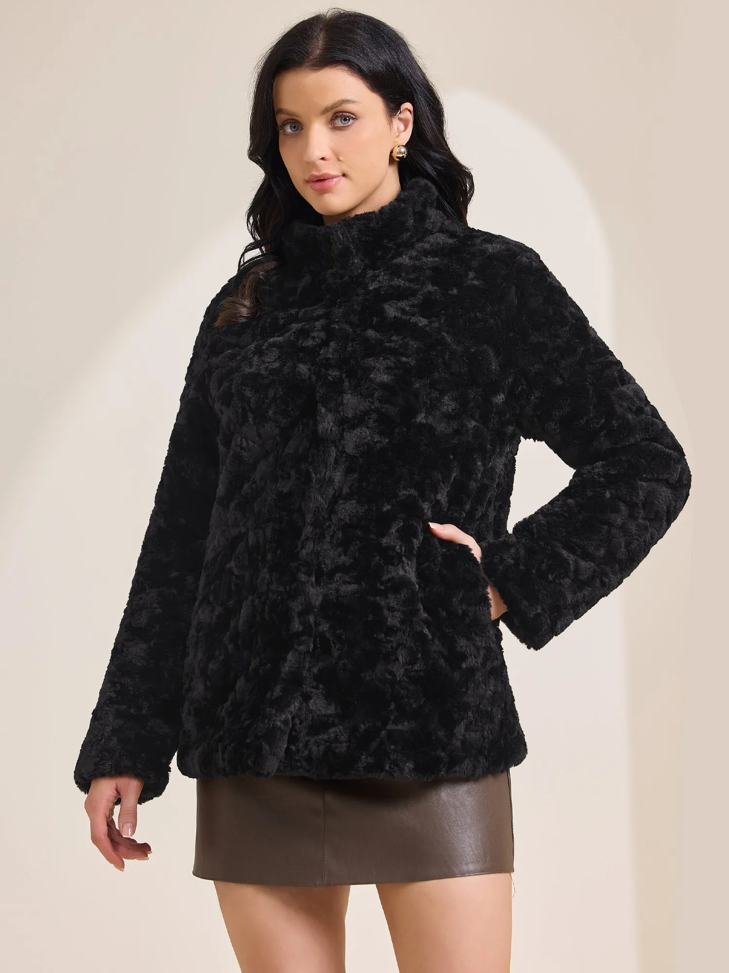 Lapel Warm Long Sleeves Pockets Fluffy Faux Fur Coat sold by Allegra K