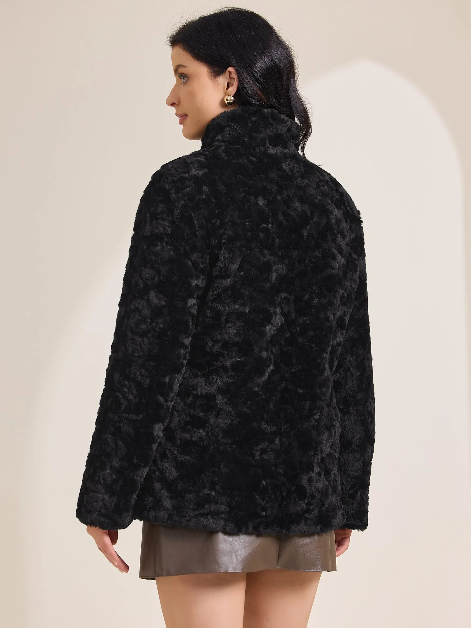 Lapel Warm Long Sleeves Pockets Fluffy Faux Fur Coat sold by Allegra K product image thumbnail 3