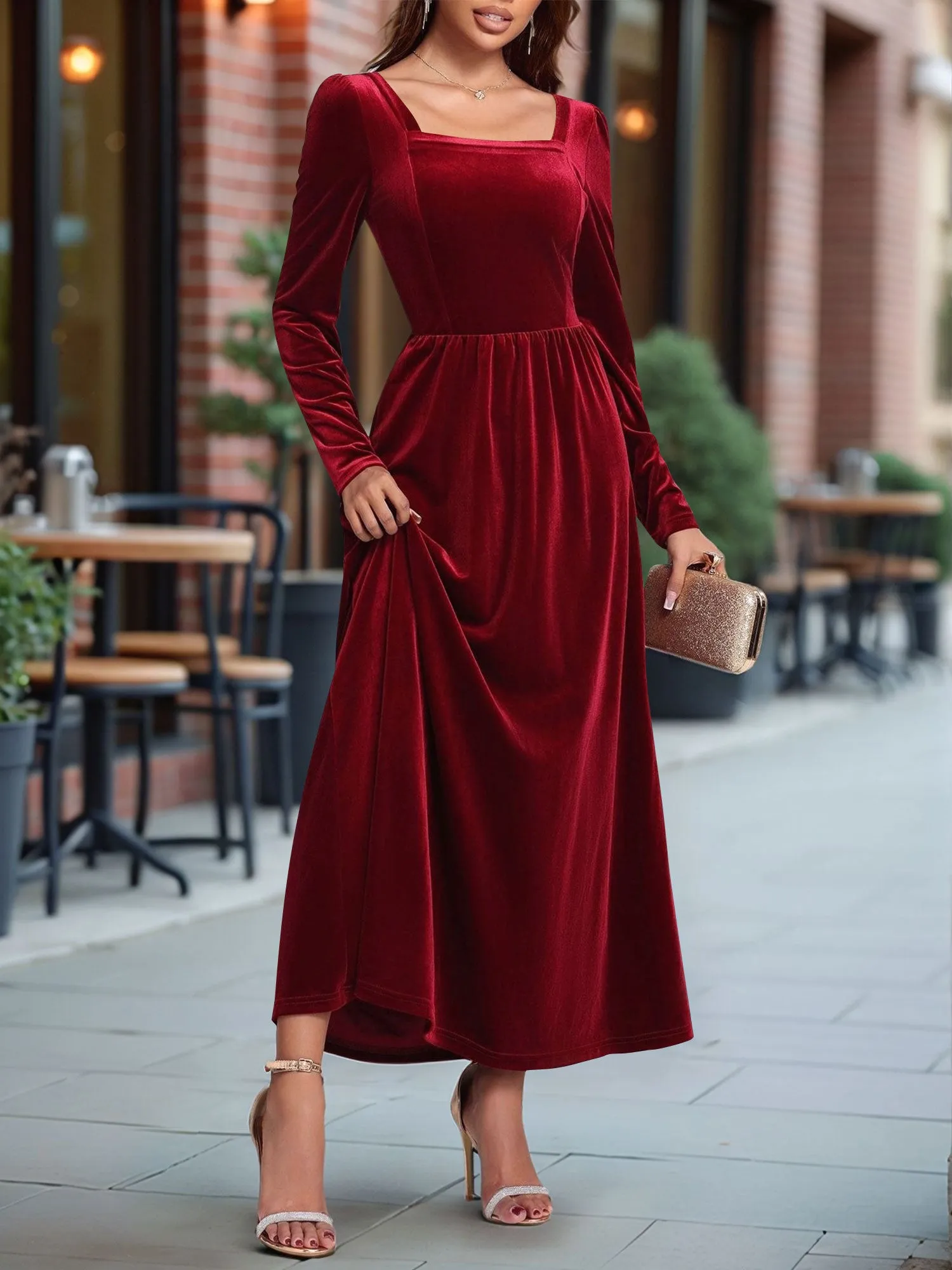 Velvet Backless Square Neck Long Sleeves A-Line Maxi Dress sold by Allegra K product image thumbnail 3