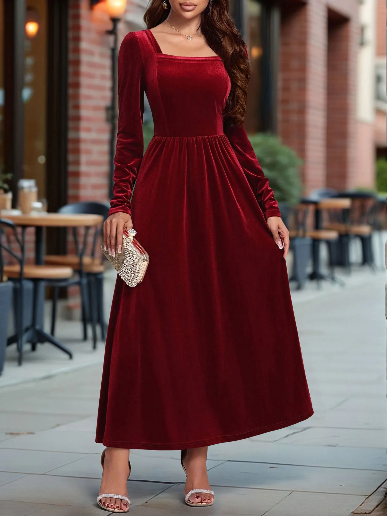 Velvet Backless Square Neck Long Sleeves A-Line Maxi Dress sold by Allegra K