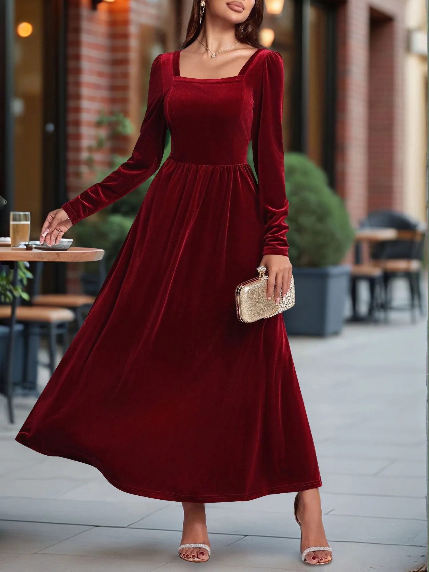 Velvet Backless Square Neck Long Sleeves A-Line Maxi Dress sold by Allegra K product image thumbnail 4