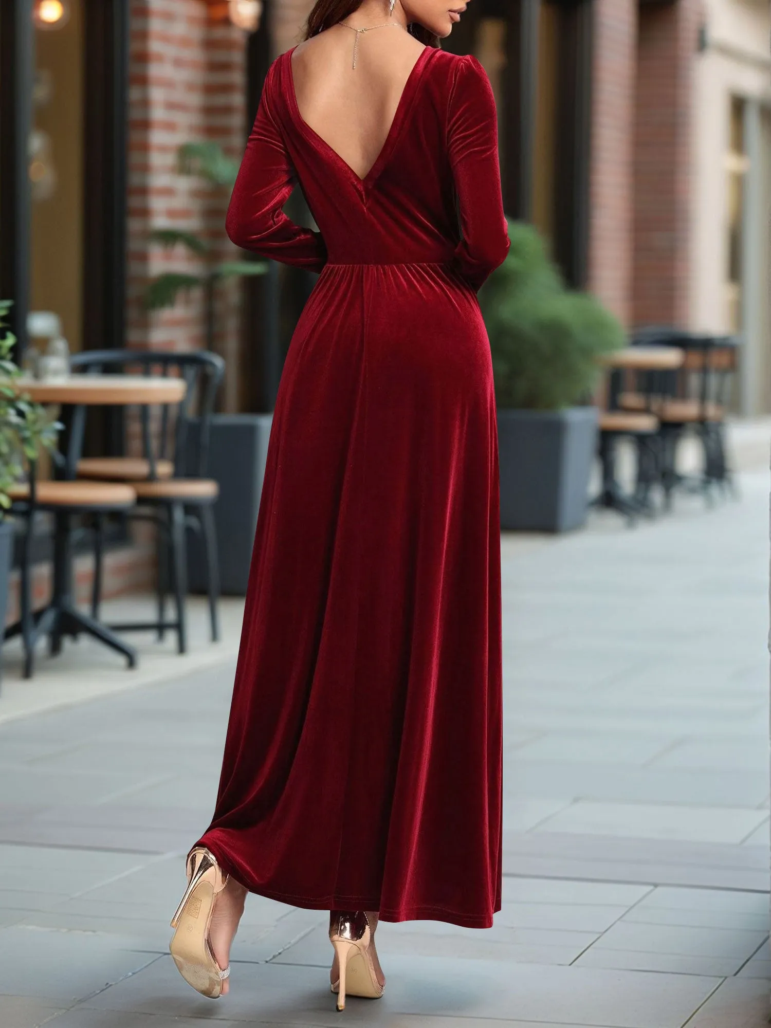 Velvet Backless Square Neck Long Sleeves A-Line Maxi Dress sold by Allegra K product image thumbnail 2