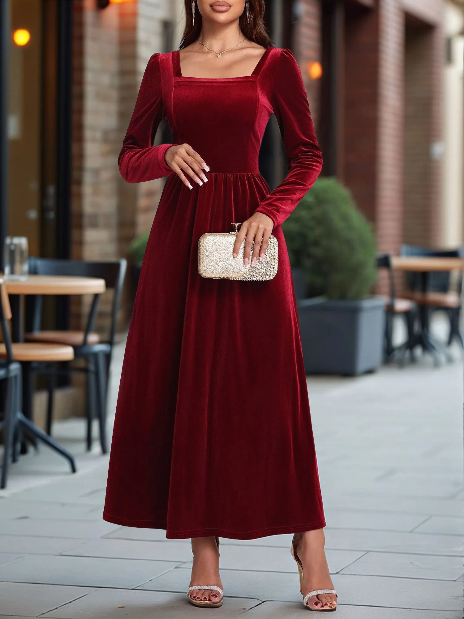 Velvet Backless Square Neck Long Sleeves A-Line Maxi Dress sold by Allegra K product image thumbnail 5