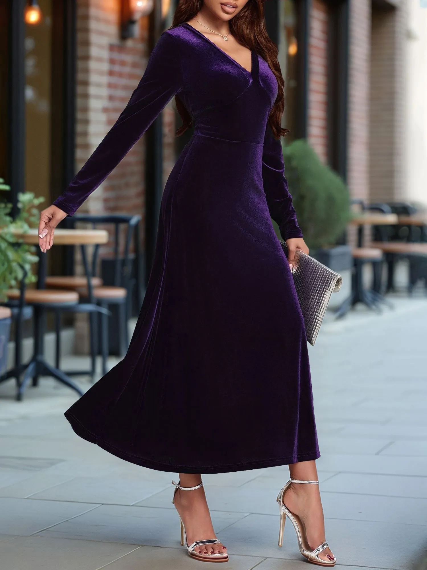 V Neck Long Sleeves Velvet A-Line Maxi Dress sold by Allegra K product image thumbnail 4