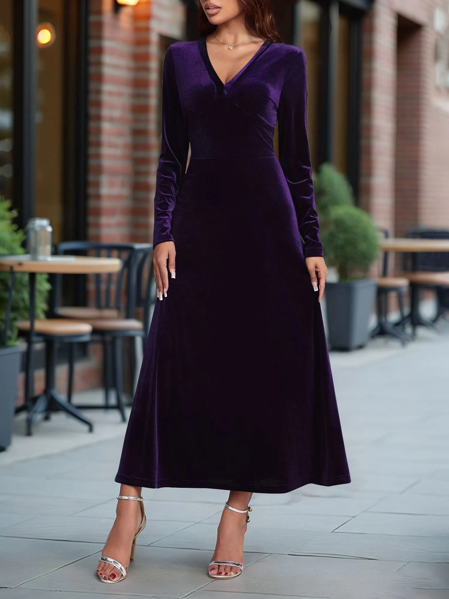 V Neck Long Sleeves Velvet A-Line Maxi Dress sold by Allegra K product image thumbnail 3