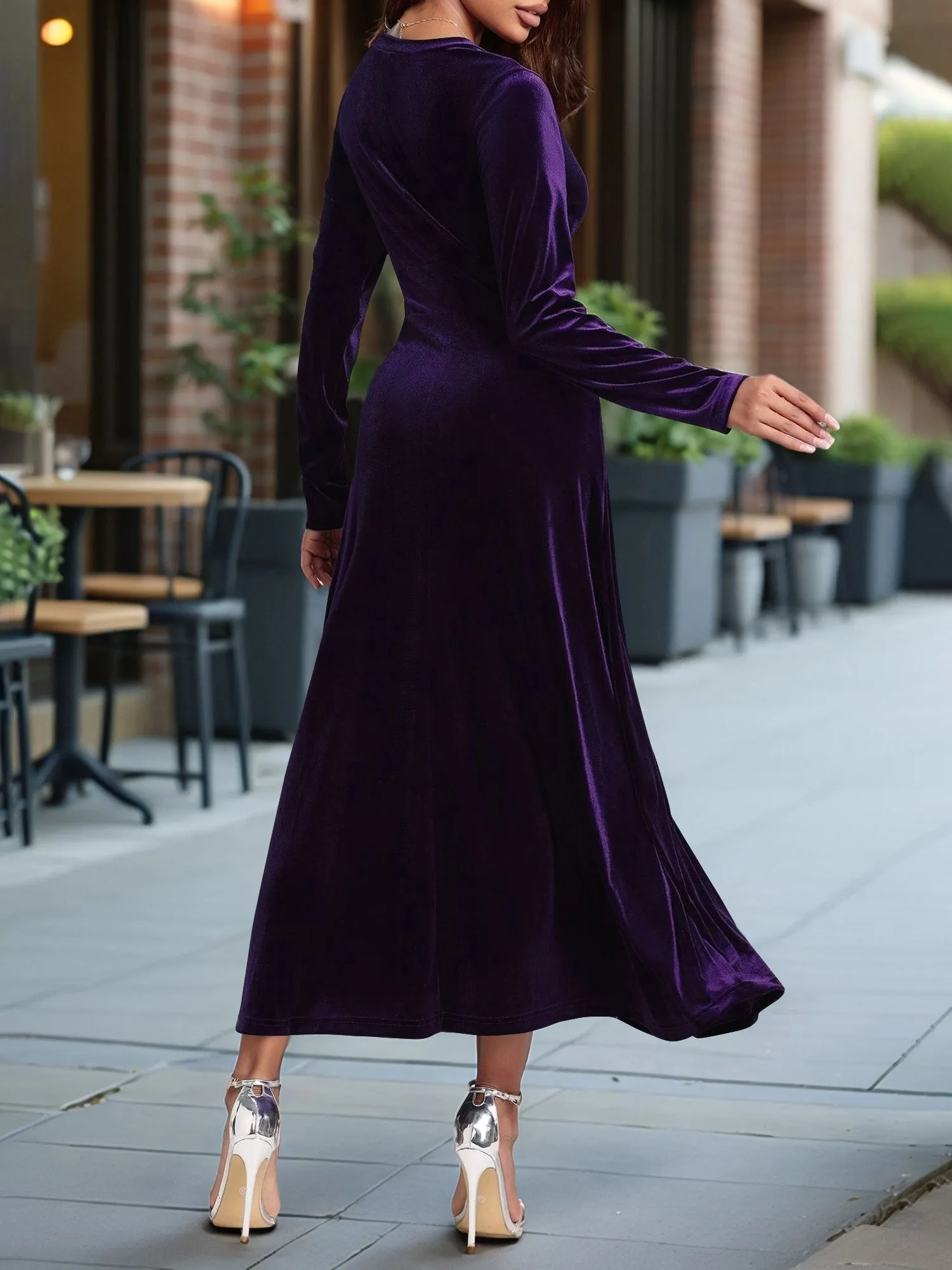 V Neck Long Sleeves Velvet A-Line Maxi Dress sold by Allegra K product image thumbnail 2