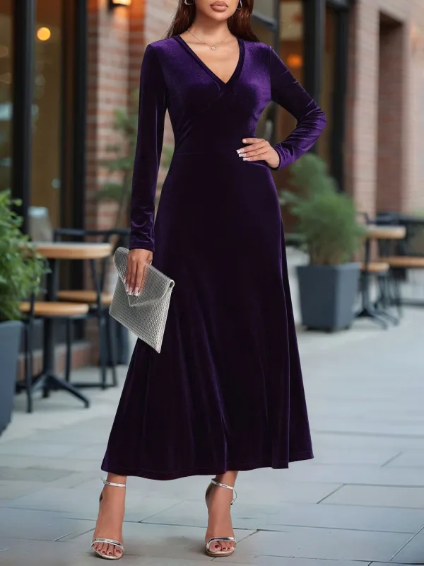 V Neck Long Sleeves Velvet A-Line Maxi Dress made by Allegra K