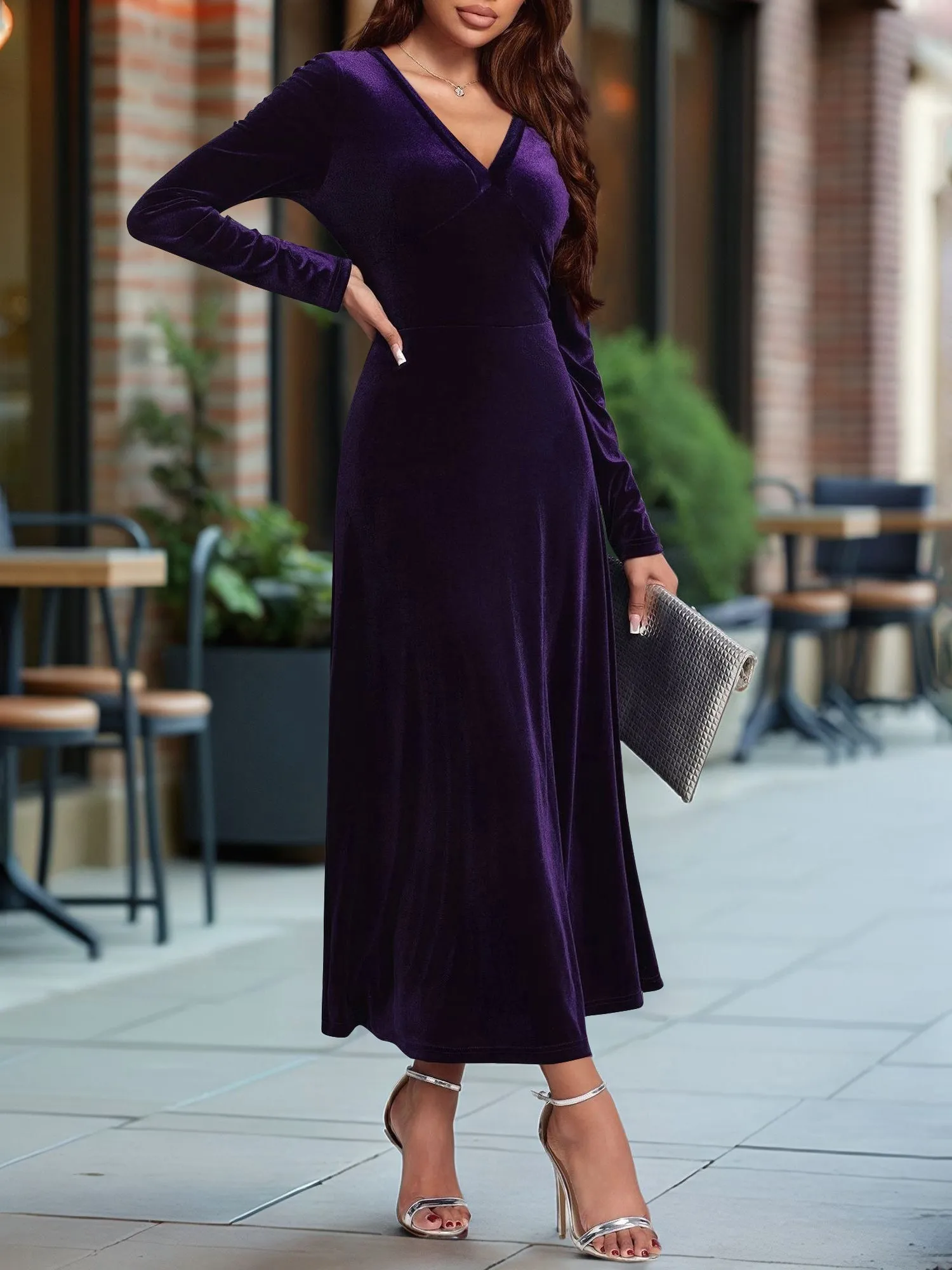 V Neck Long Sleeves Velvet A-Line Maxi Dress sold by Allegra K product image thumbnail 5