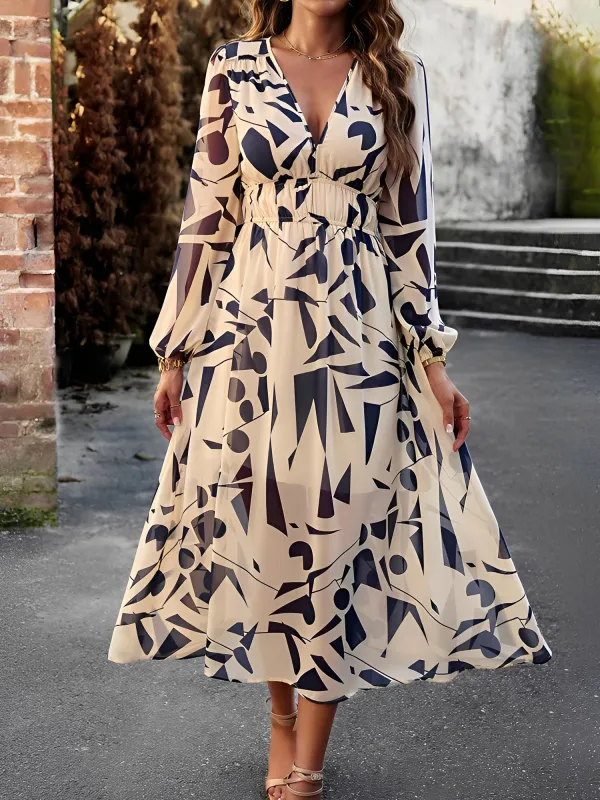 Deep V Neck Puff Long Sleeves Graphic A-Line Dress sold by Allegra K