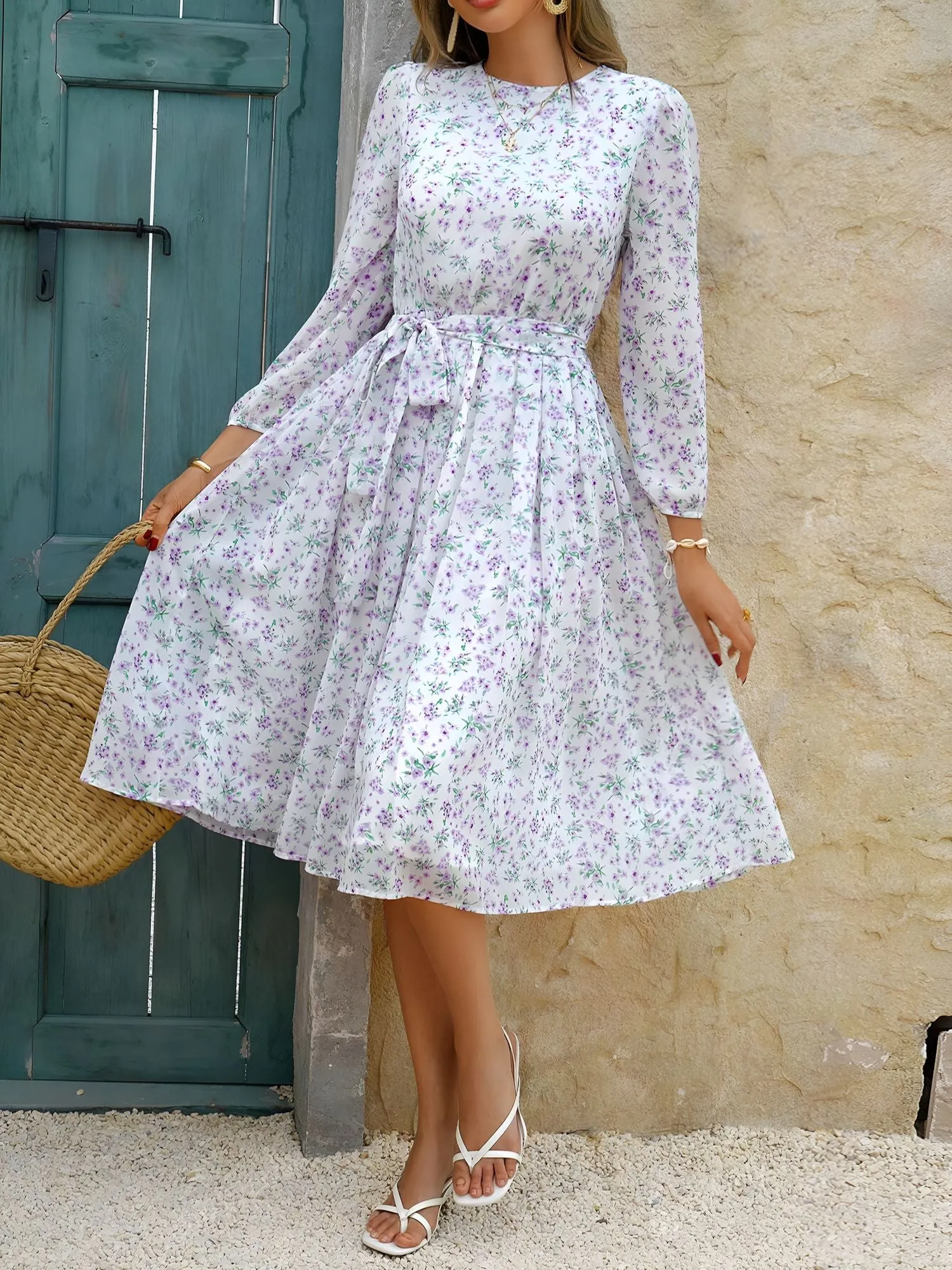 Crew Neck Puff 3/4 Sleeves Floral Midi A-Line Dress sold by Allegra K