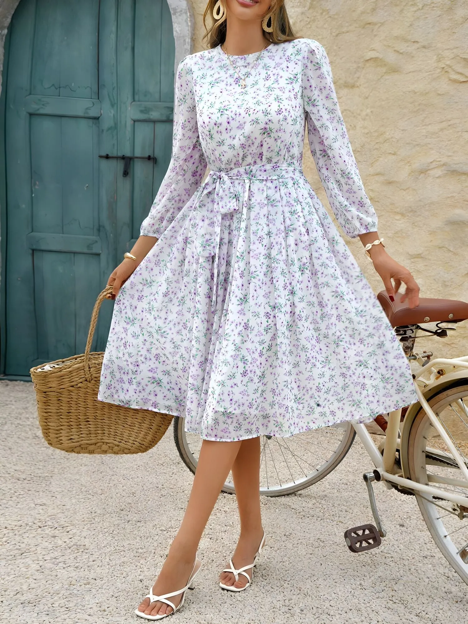 Crew Neck Puff 3/4 Sleeves Floral Midi A-Line Dress sold by Allegra K product image thumbnail 3