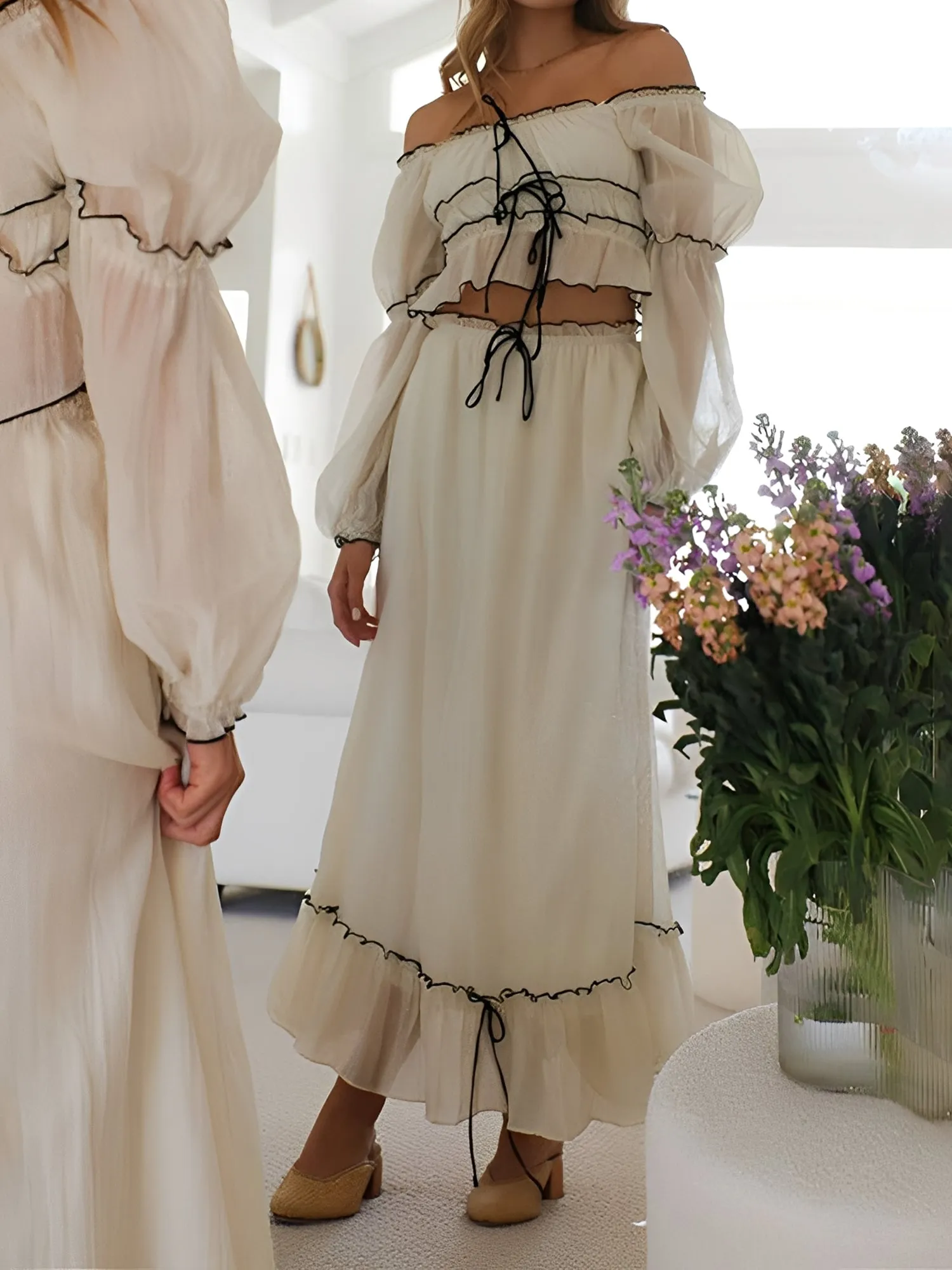 2 Pieces Off Shoulder Ruffled Cropped Blouse & Maxi Skirt Set sold by Allegra K product image thumbnail 4