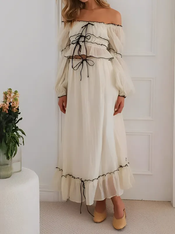 2 Pieces Off Shoulder Ruffled Cropped Blouse & Maxi Skirt Set sold by Allegra K