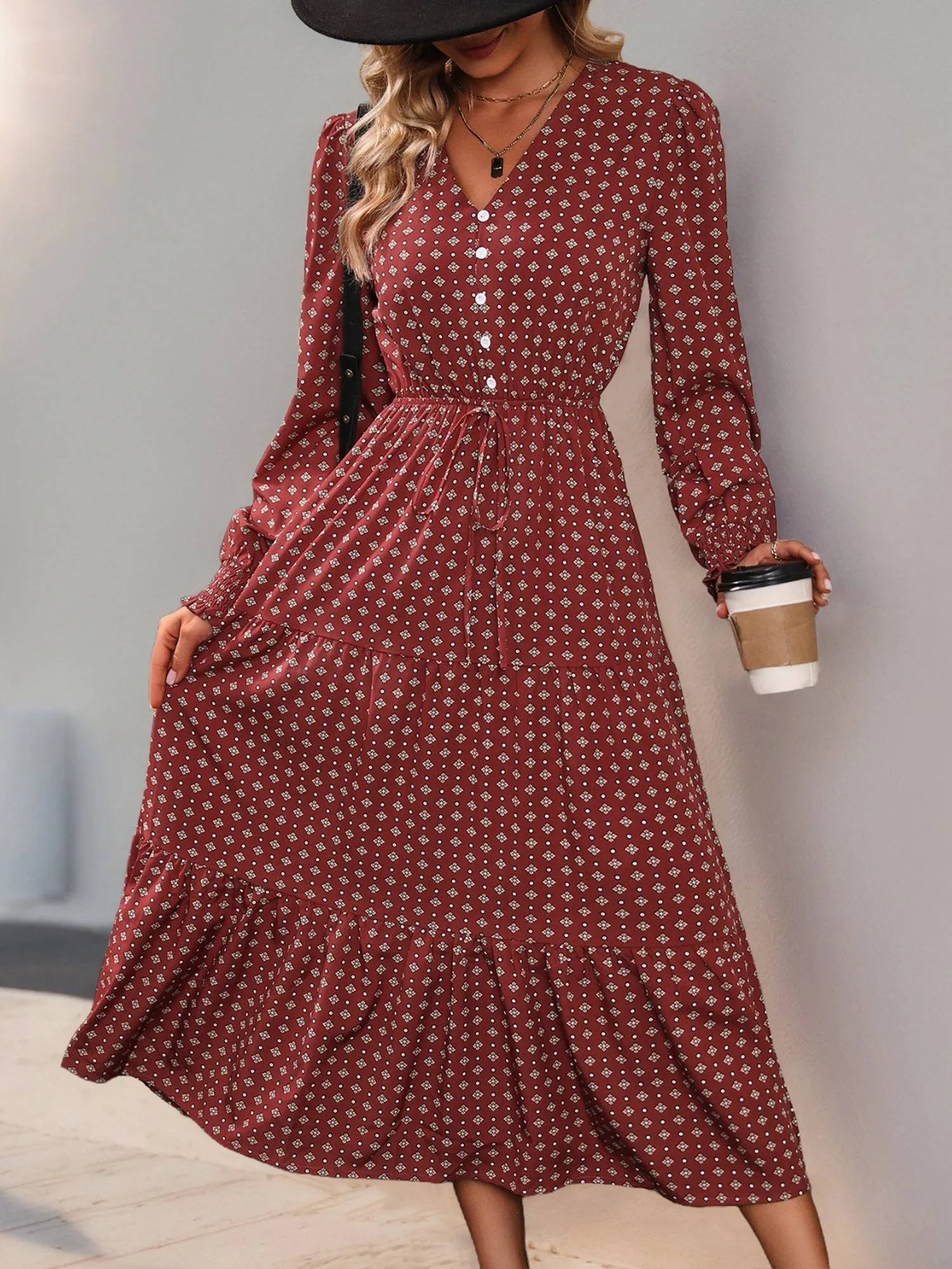 Smocked Puff Long Sleeves Floral Tiered Midi Dress sold by Allegra K product image thumbnail 5