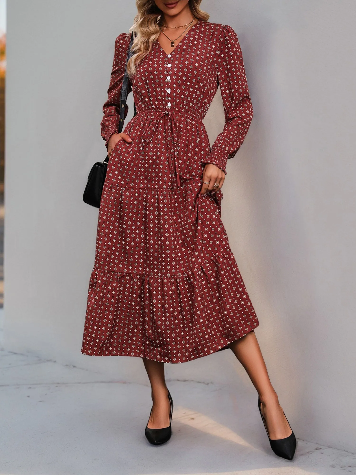 Smocked Puff Long Sleeves Floral Tiered Midi Dress sold by Allegra K