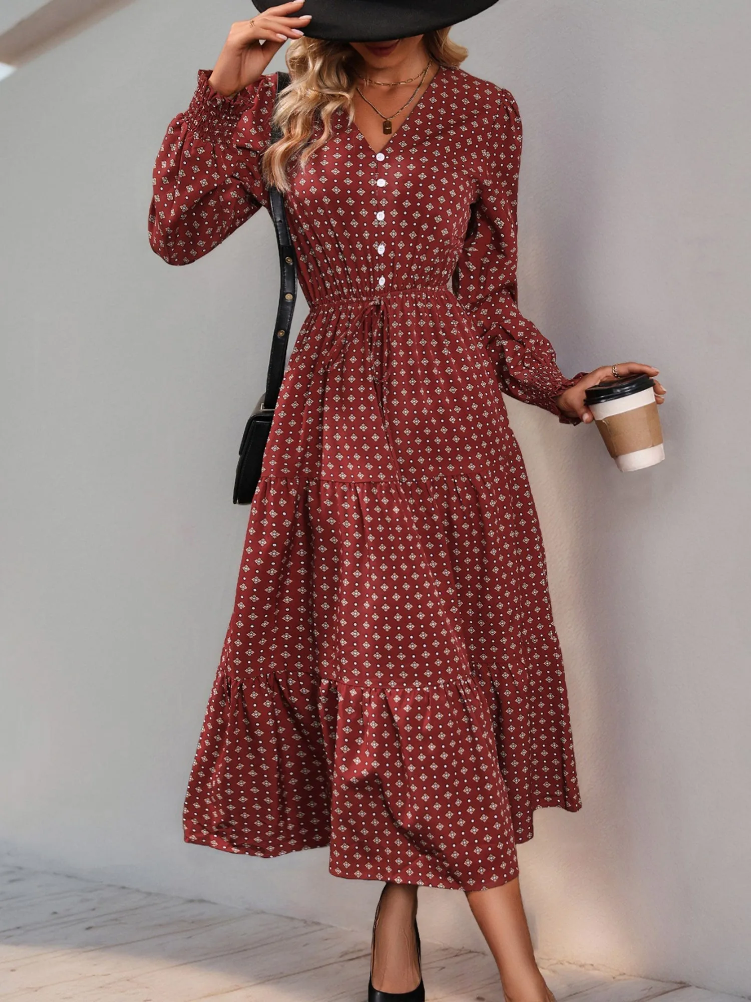 Smocked Puff Long Sleeves Floral Tiered Midi Dress sold by Allegra K product image thumbnail 4