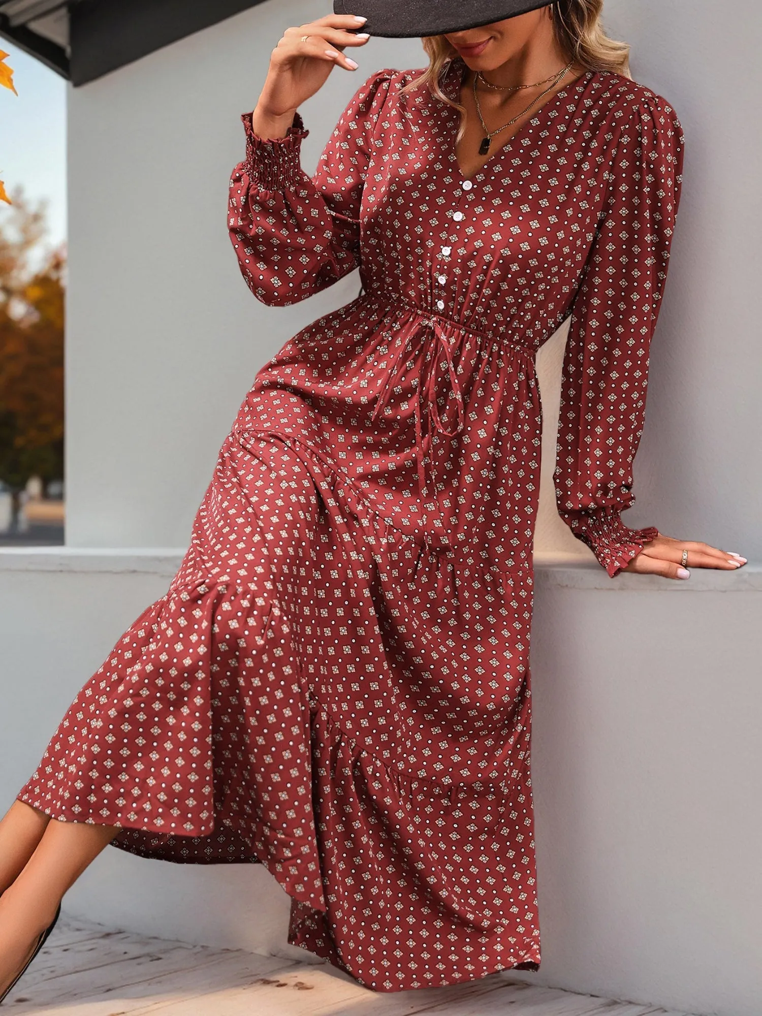 Smocked Puff Long Sleeves Floral Tiered Midi Dress sold by Allegra K product image thumbnail 3