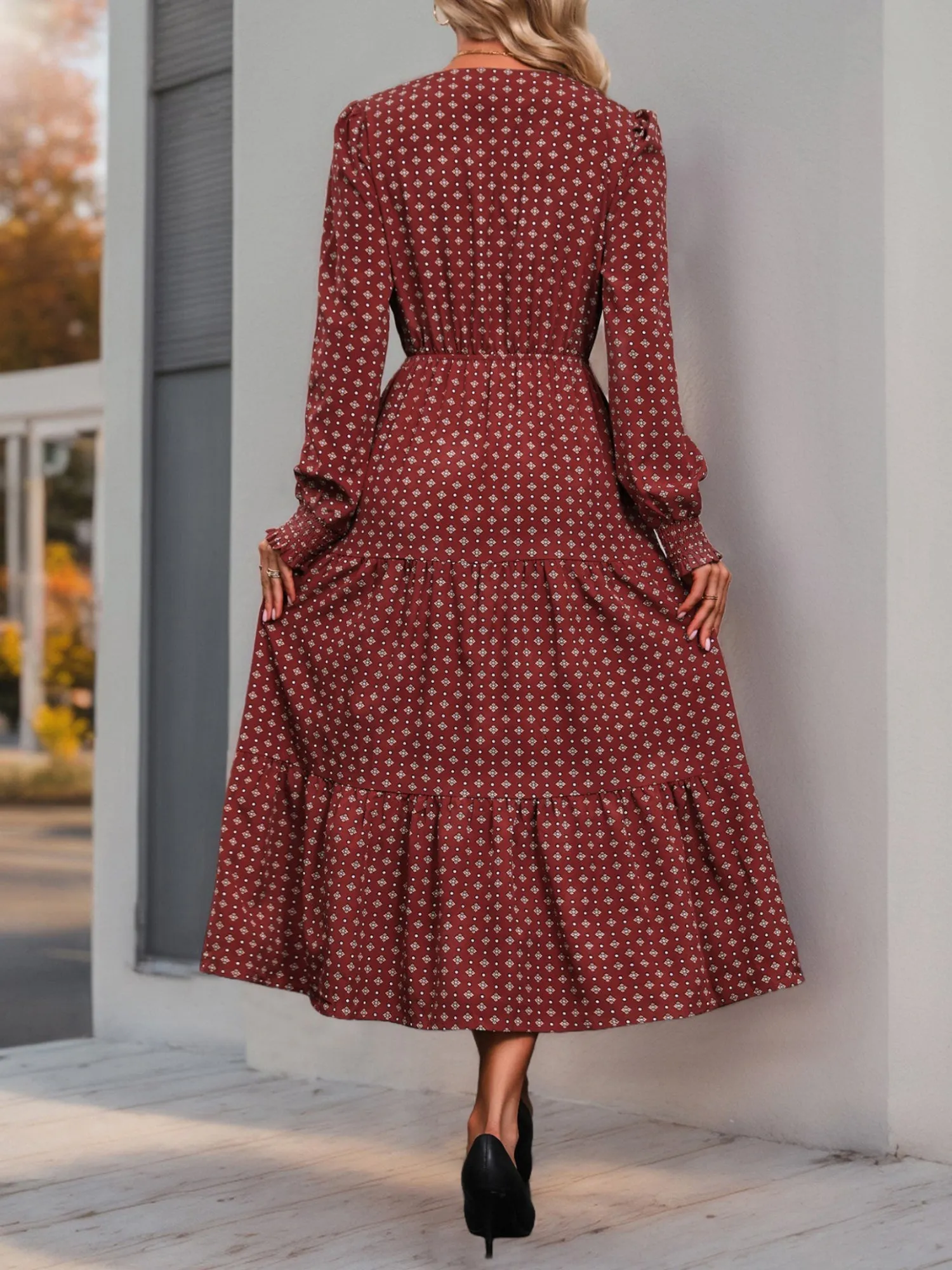 Smocked Puff Long Sleeves Floral Tiered Midi Dress sold by Allegra K product image thumbnail 2