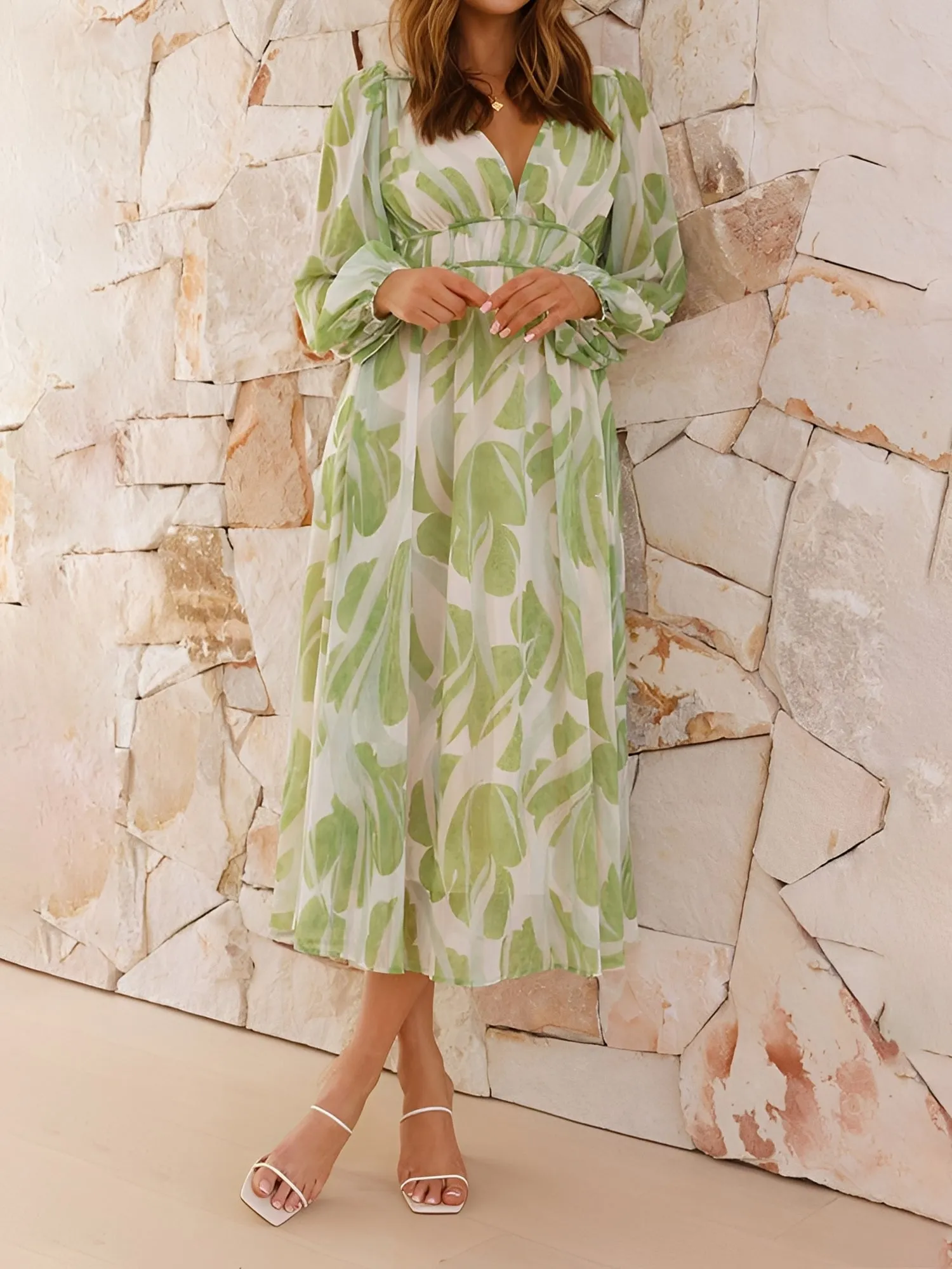 Puff Long Sleeve Deep V Neck Floral Midi Dress sold by Allegra K product image thumbnail 3