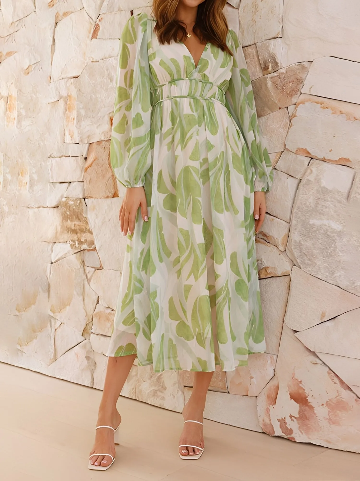 Puff Long Sleeve Deep V Neck Floral Midi Dress sold by Allegra K