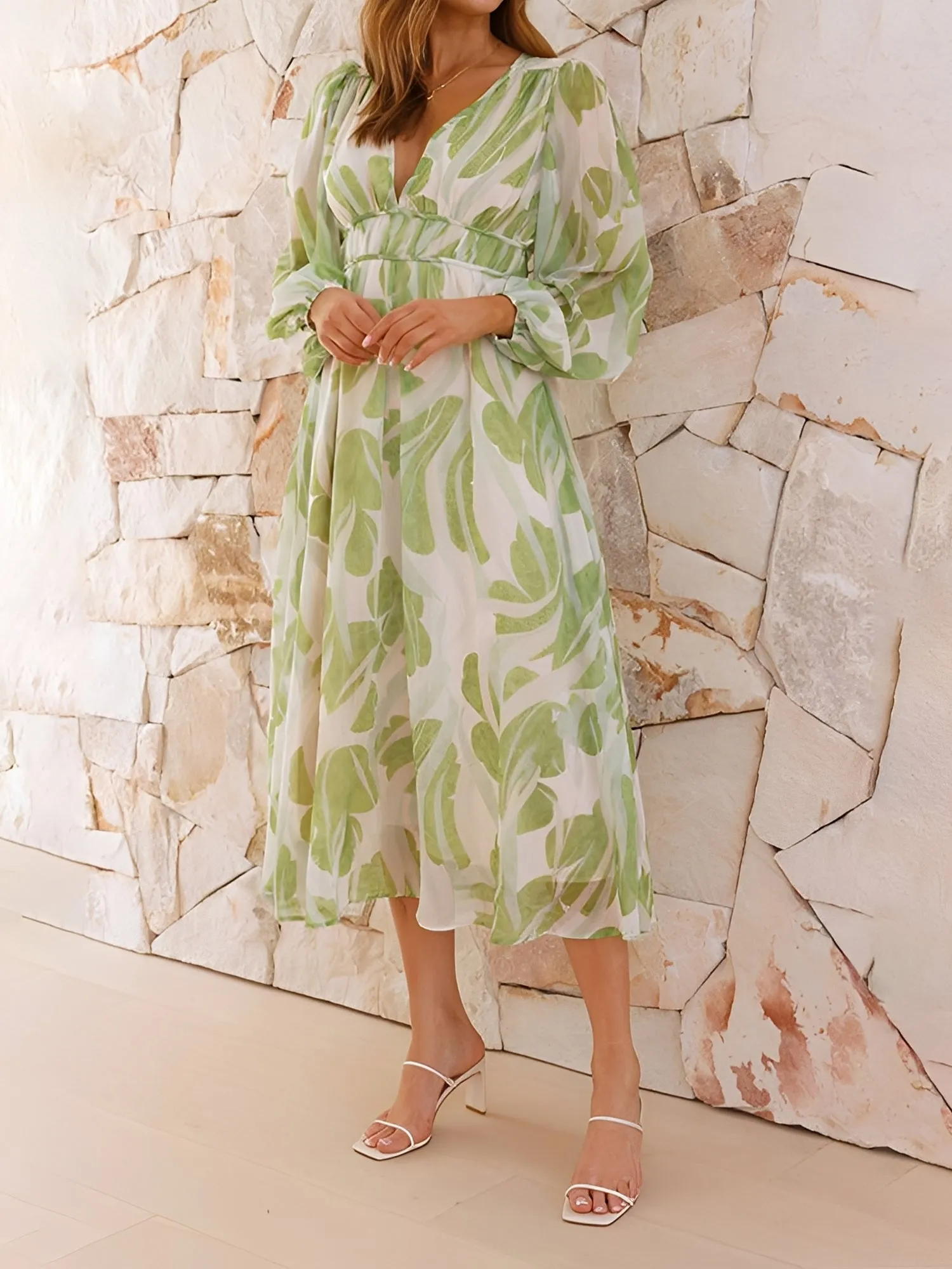 Puff Long Sleeve Deep V Neck Floral Midi Dress sold by Allegra K product image thumbnail 5