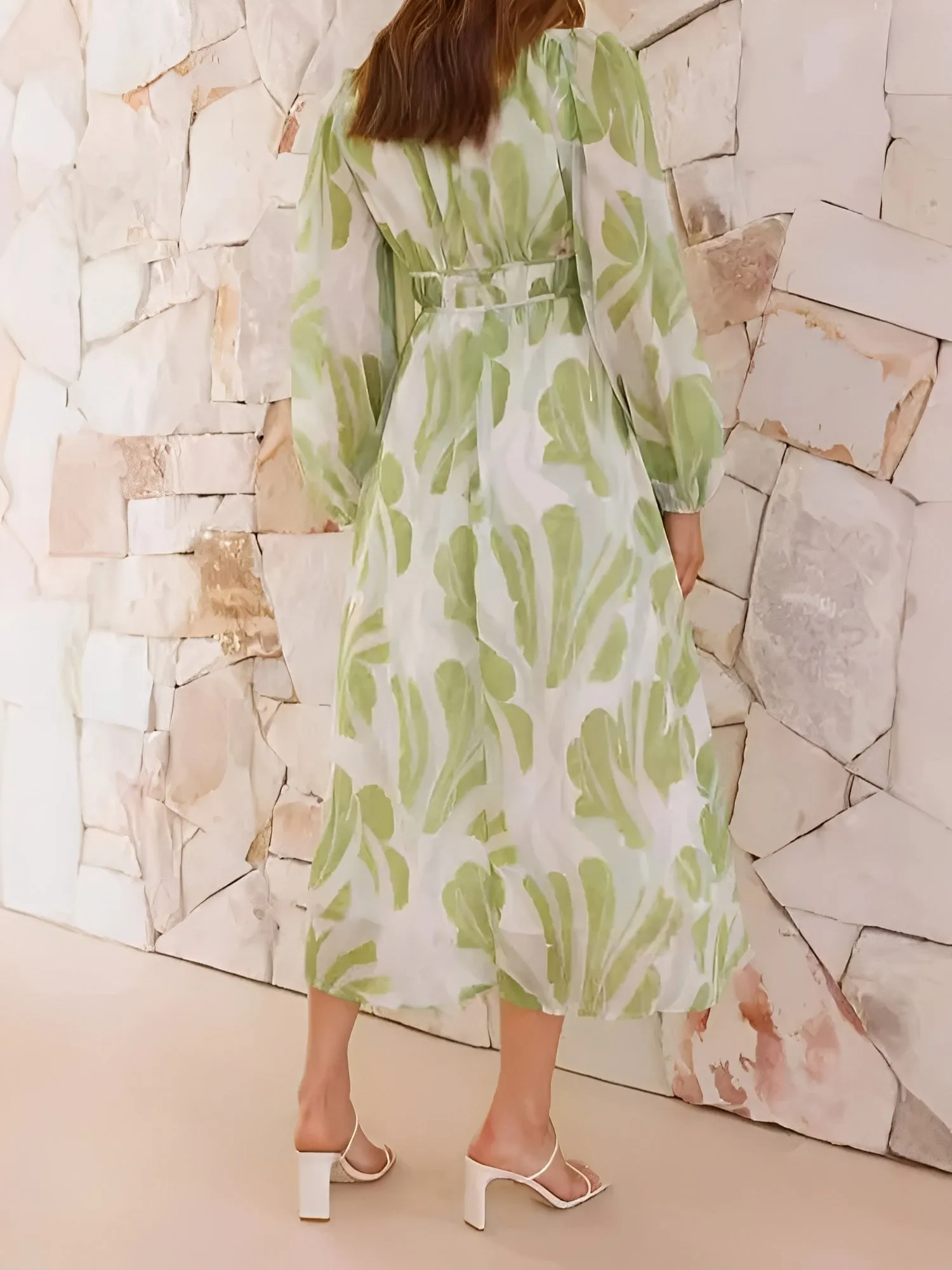 Puff Long Sleeve Deep V Neck Floral Midi Dress sold by Allegra K product image thumbnail 2