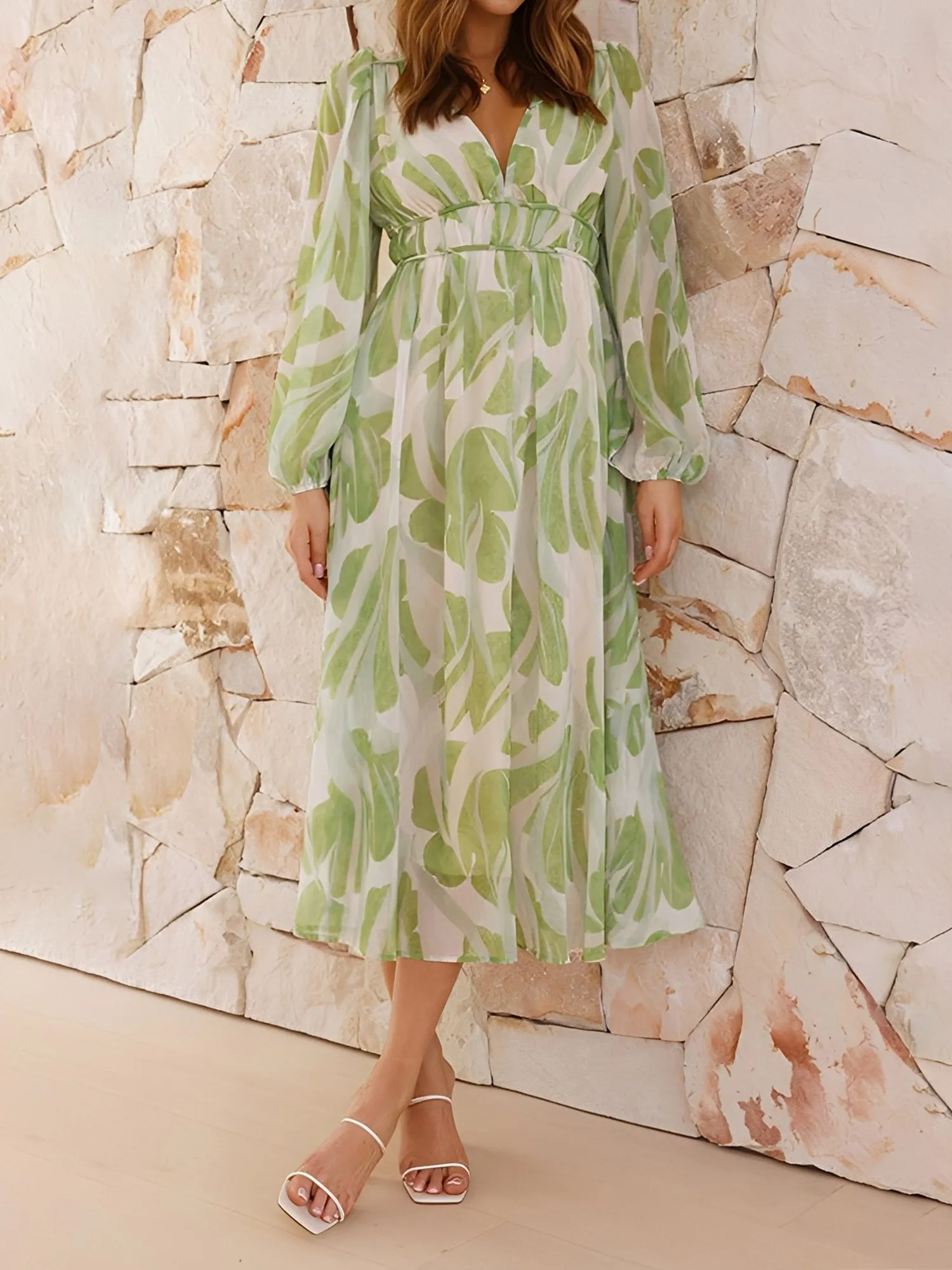 Puff Long Sleeve Deep V Neck Floral Midi Dress sold by Allegra K product image thumbnail 4