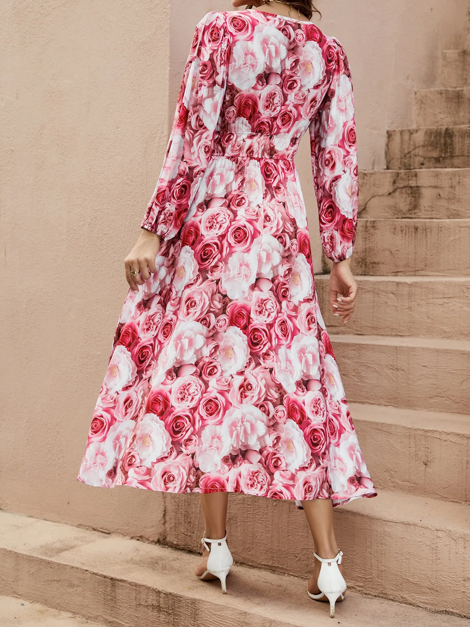 Deep V Neck Lantern Long Sleeve Floral Midi Dress sold by Allegra K product image thumbnail 2