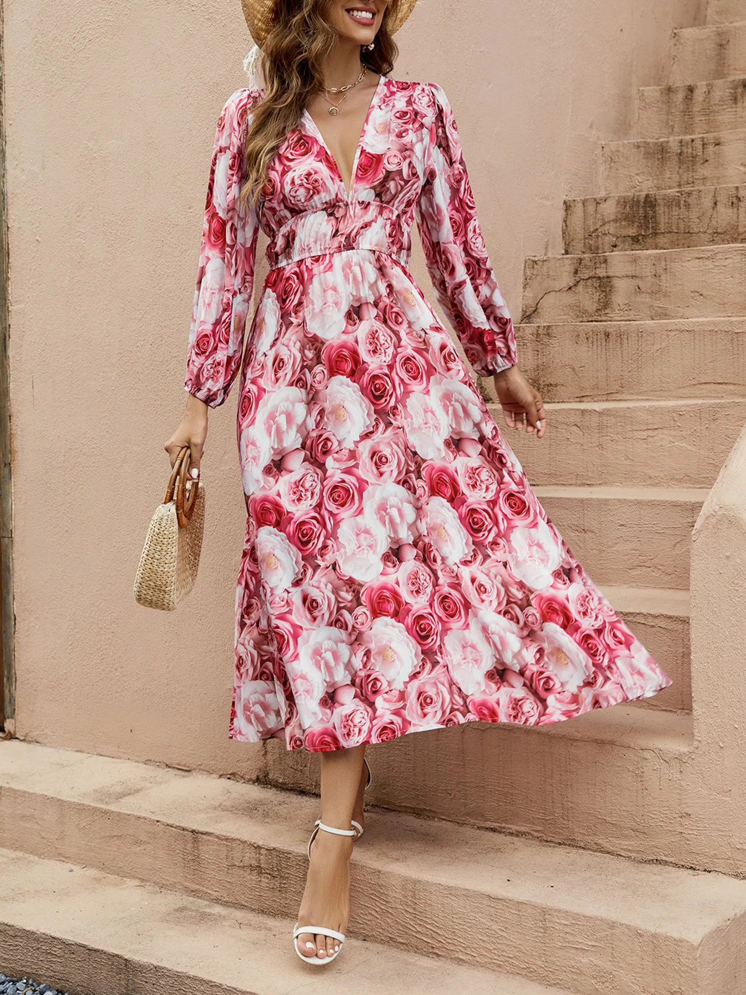 Deep V Neck Lantern Long Sleeve Floral Midi Dress sold by Allegra K product image thumbnail 4