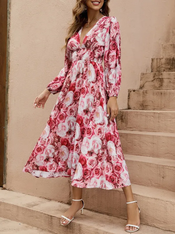 Deep V Neck Lantern Long Sleeve Floral Midi Dress sold by Allegra K