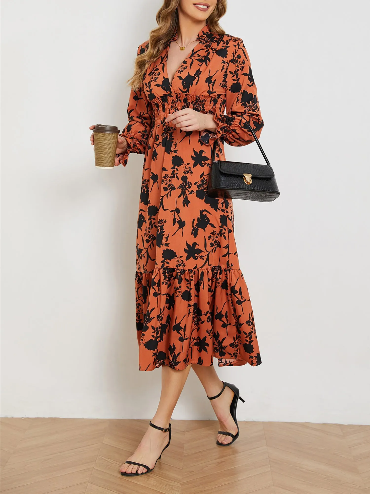 V Neck Long Sleeve Floral Smocked Ruffled Midi Dress sold by Allegra K product image thumbnail 3