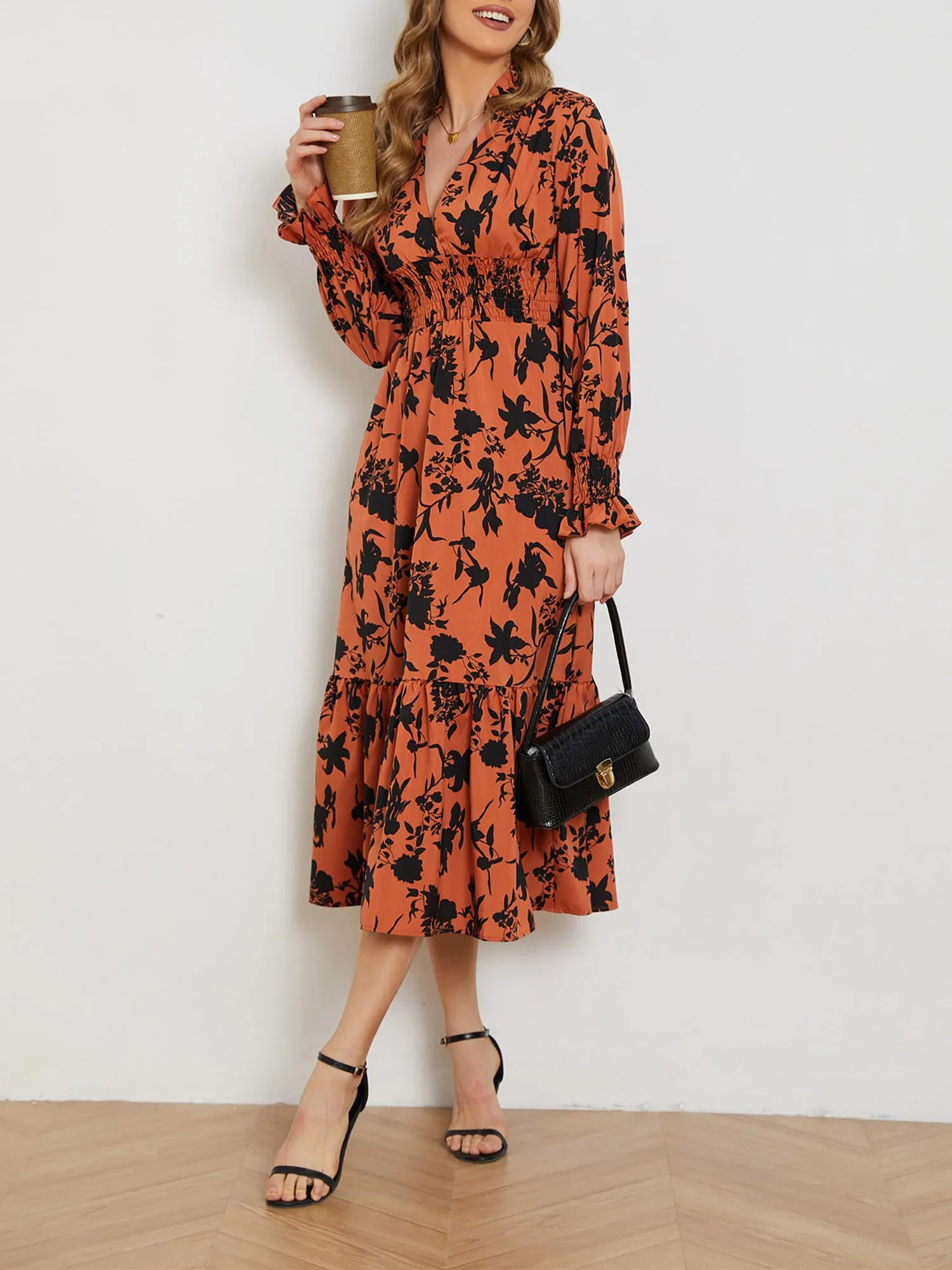 V Neck Long Sleeve Floral Smocked Ruffled Midi Dress sold by Allegra K product image thumbnail 5