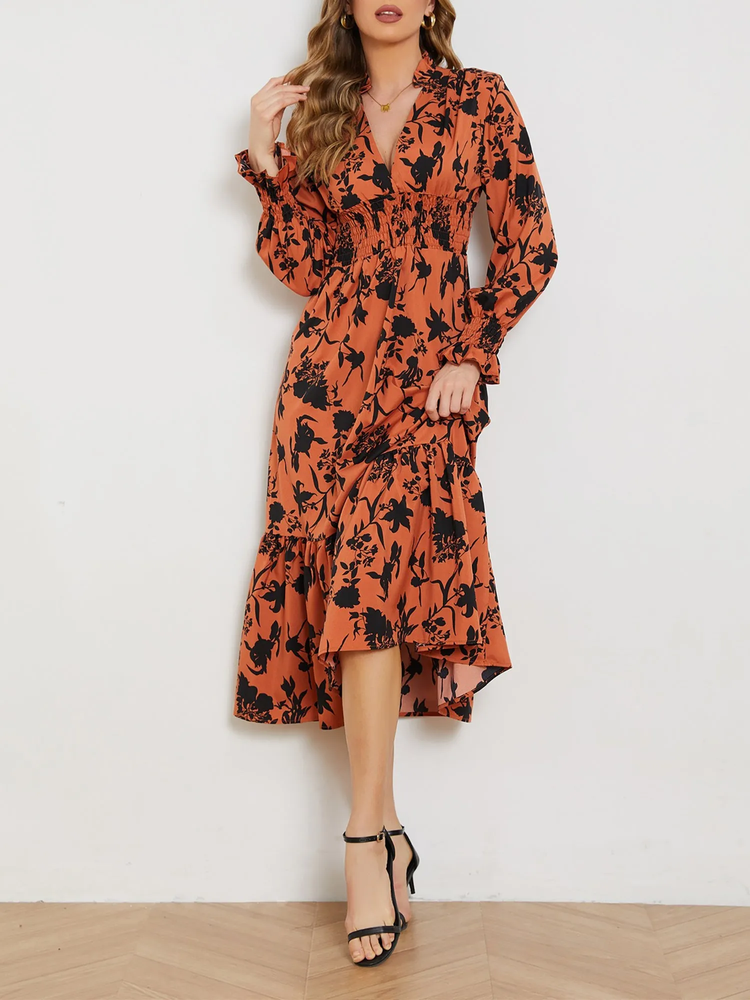 V Neck Long Sleeve Floral Smocked Ruffled Midi Dress sold by Allegra K product image thumbnail 4