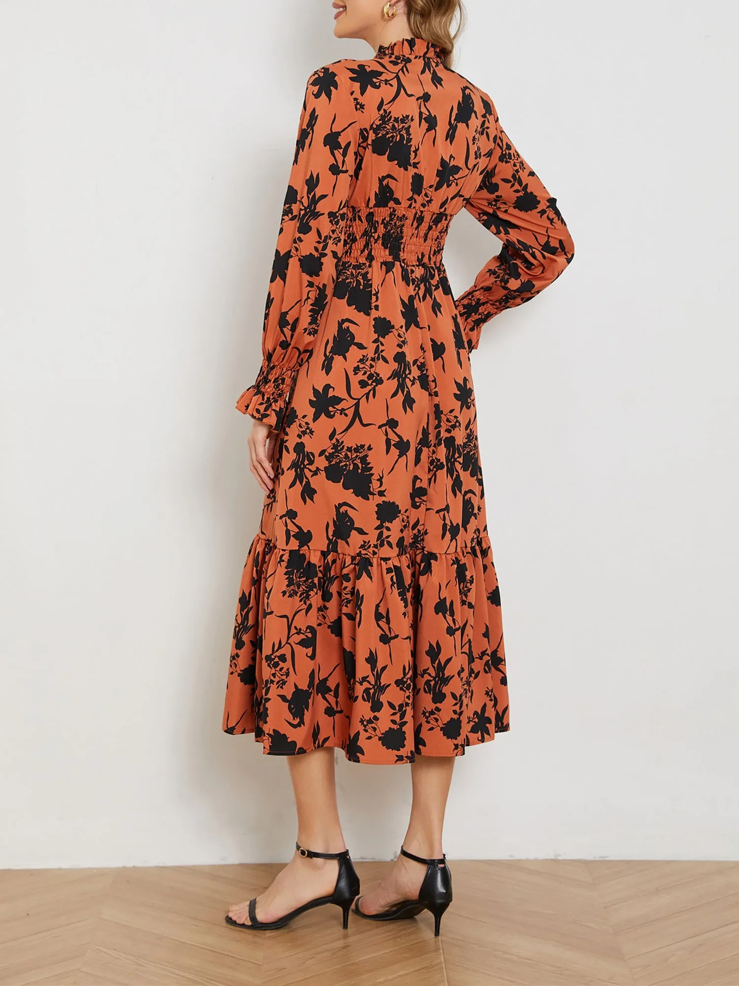 V Neck Long Sleeve Floral Smocked Ruffled Midi Dress sold by Allegra K product image thumbnail 2