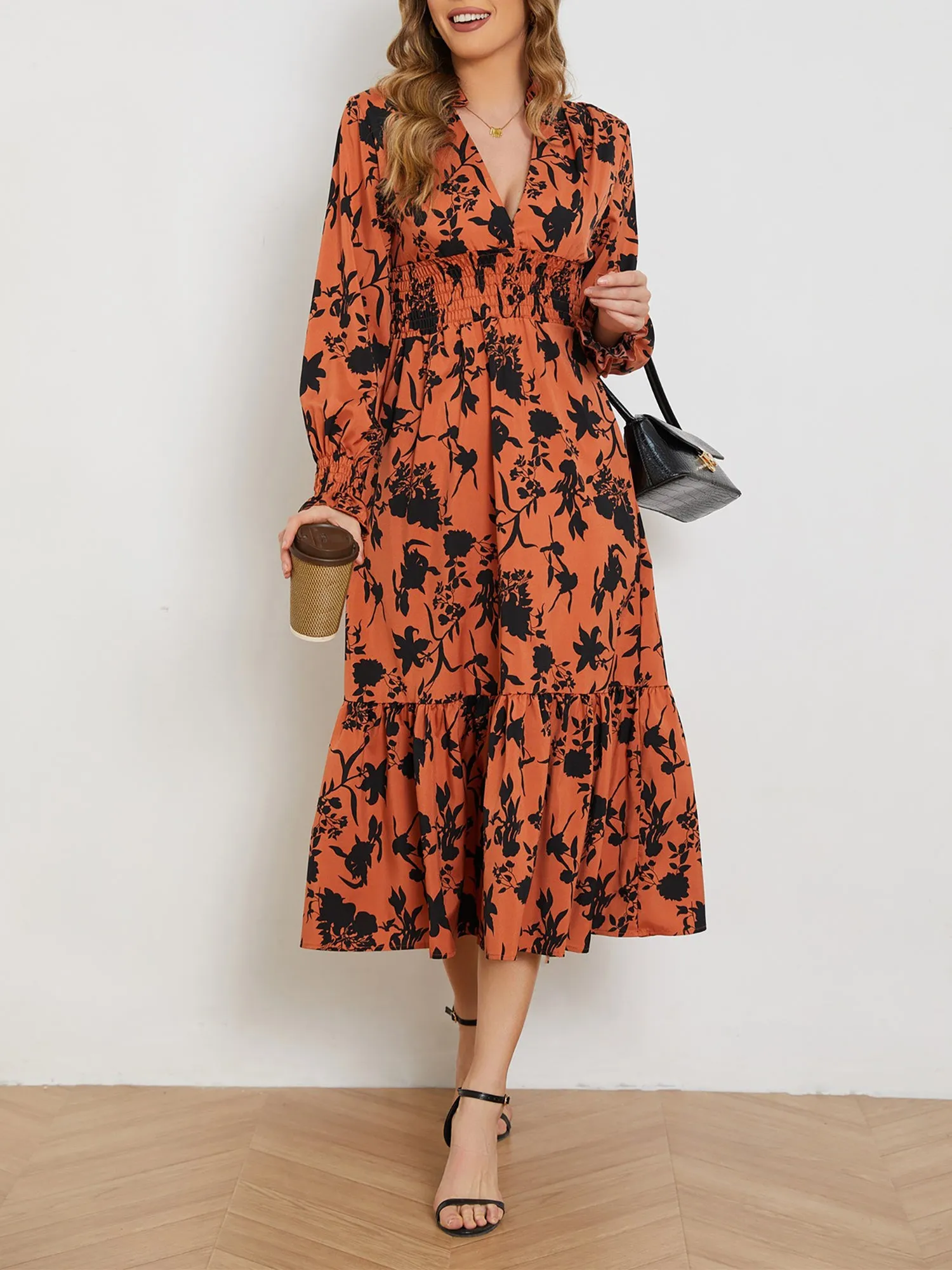 V Neck Long Sleeve Floral Smocked Ruffled Midi Dress sold by Allegra K