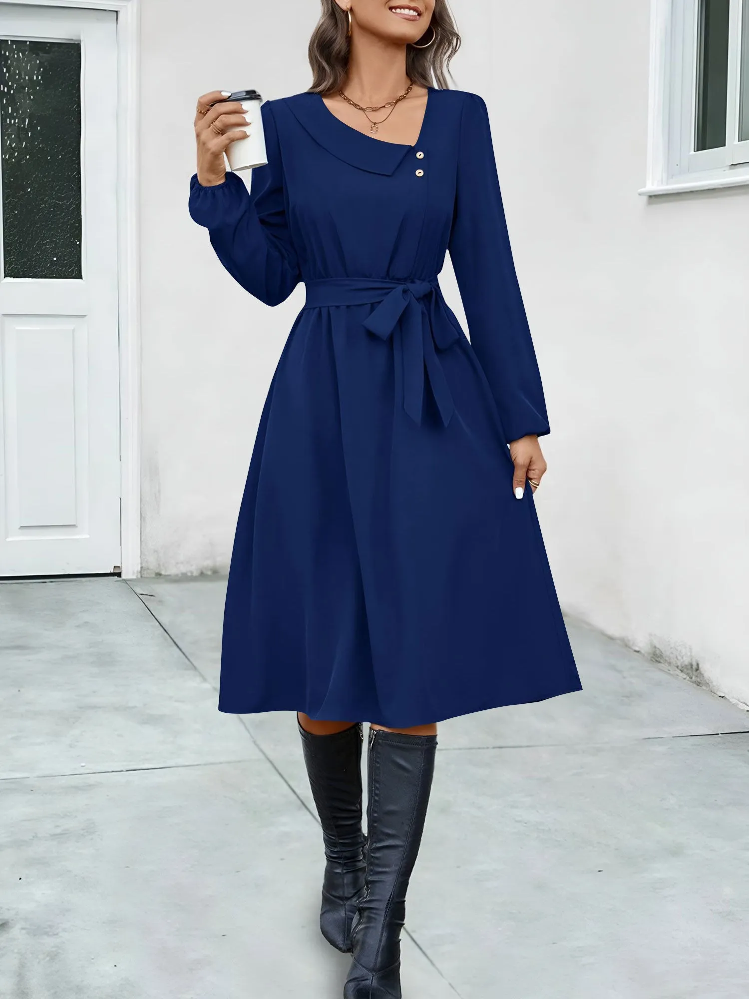 Irregular Collar Button Long Sleeve Midi A-Line Dress sold by Allegra K product image thumbnail 3