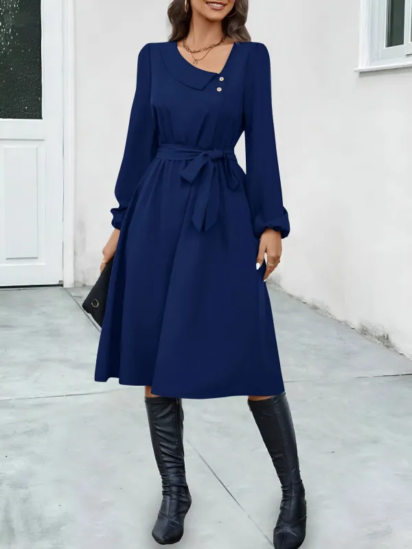 Irregular Collar Button Long Sleeve Midi A-Line Dress sold by Allegra K